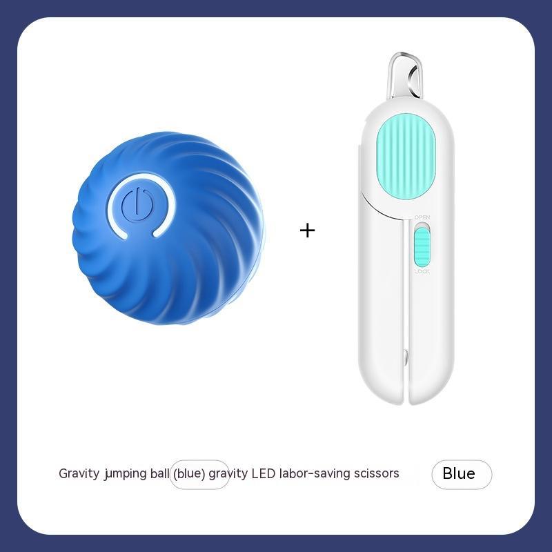 Blue gravity jumping ball and white and blue scissors on a white background