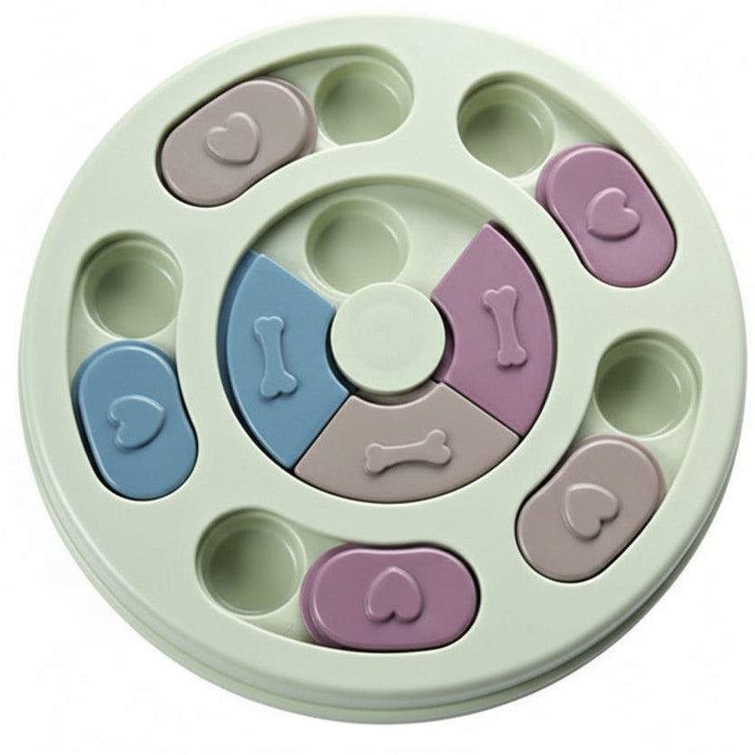 Round pet toy with colorful sections on a white background