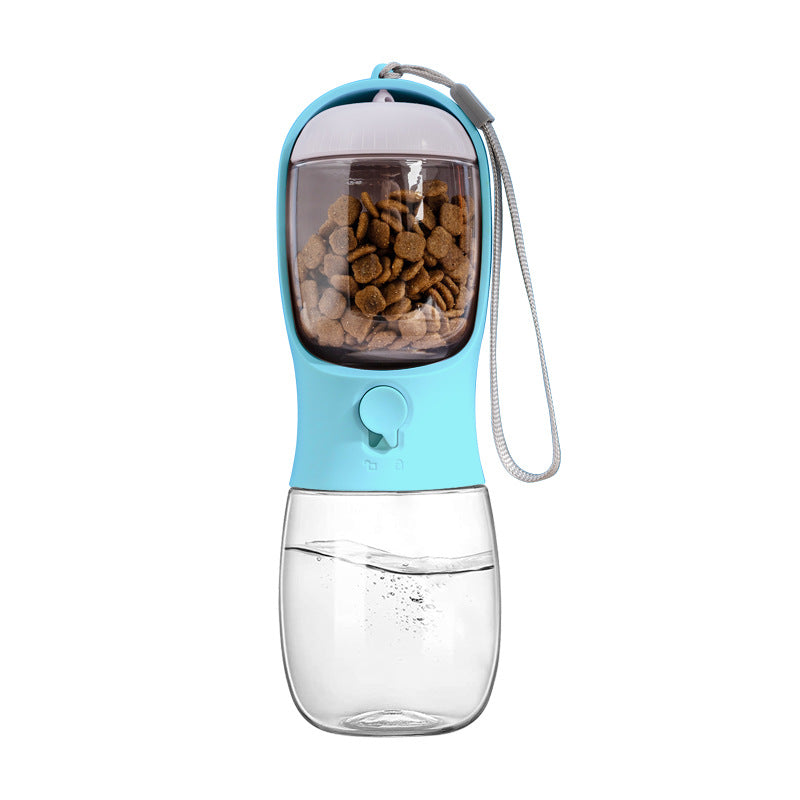Portable pet water bottle with built-in food container for dogs and cats