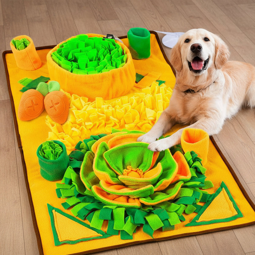 Dog snuffle mat with fabric pockets for dry food or treats