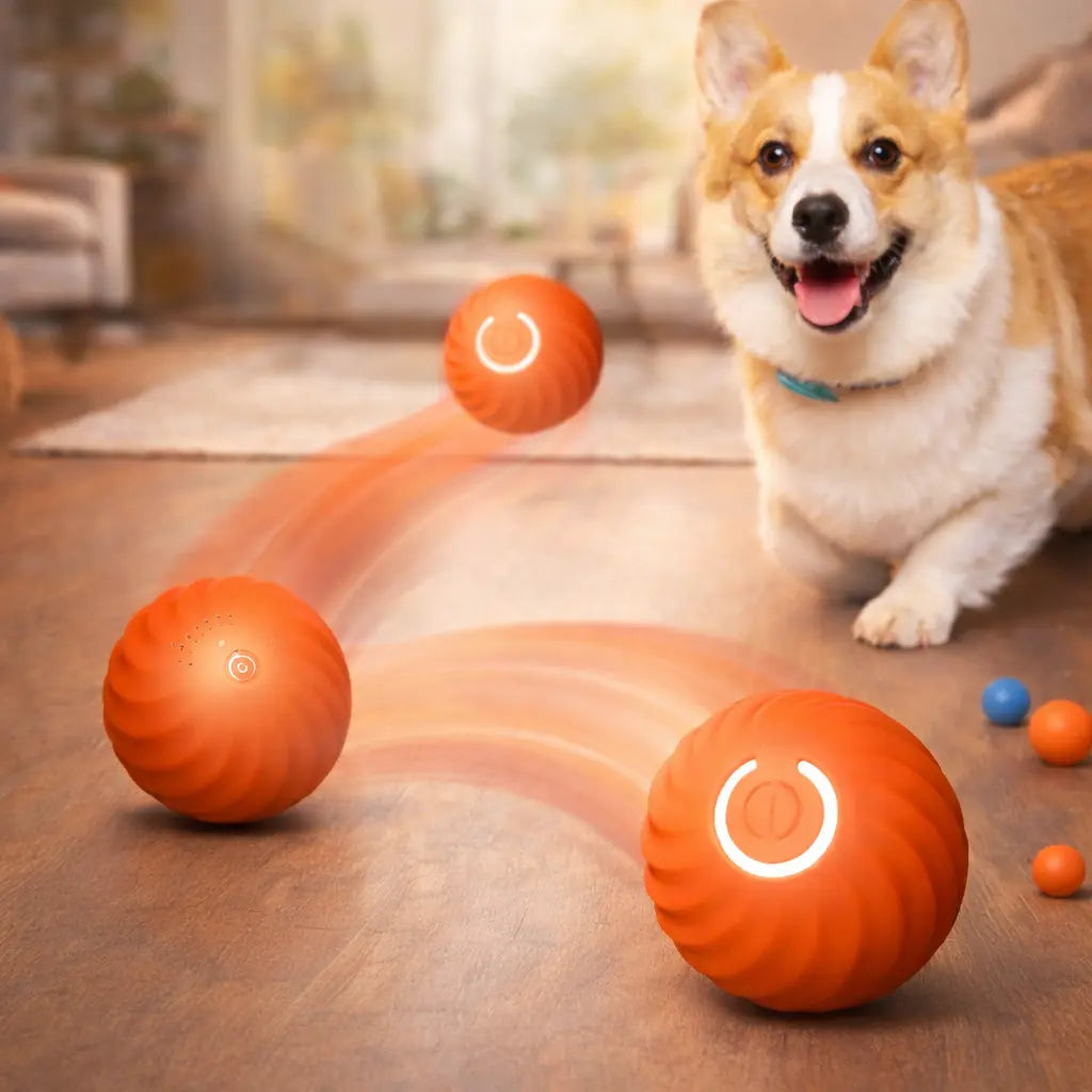 Dog with orange balls and text 'Best Gift For Them' on an orange and blue background