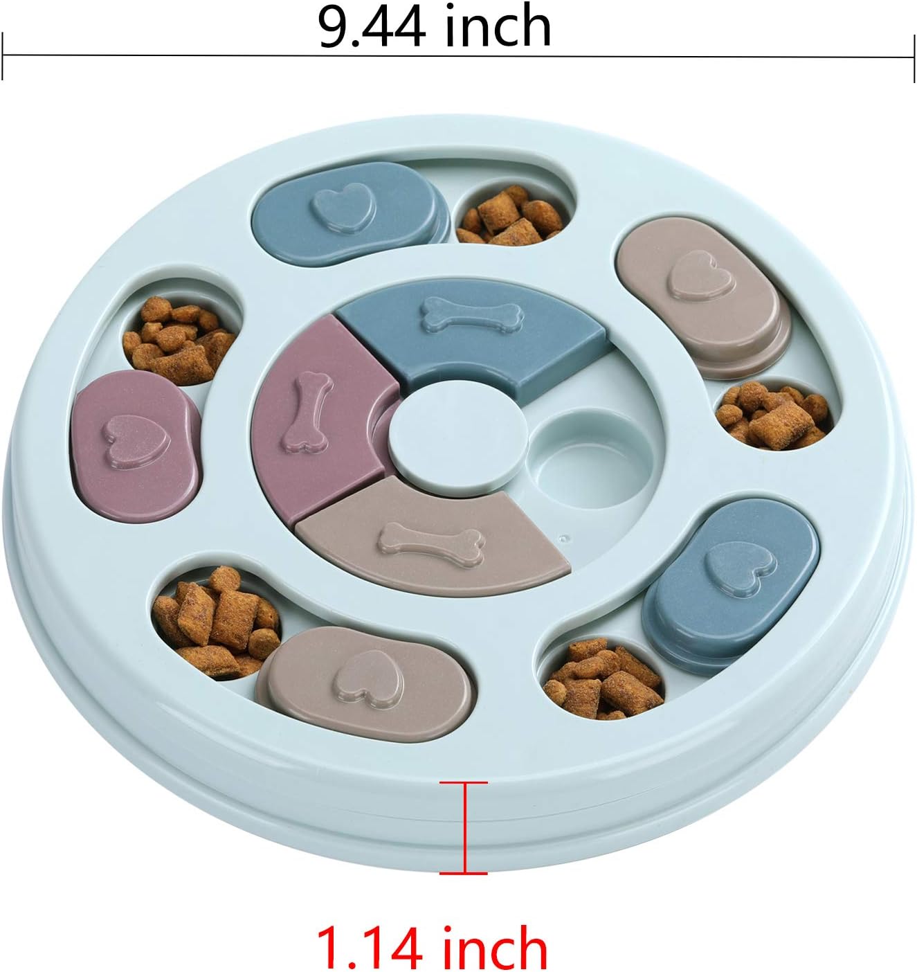 Pet puzzle feeder with food compartments and measurements on a white background