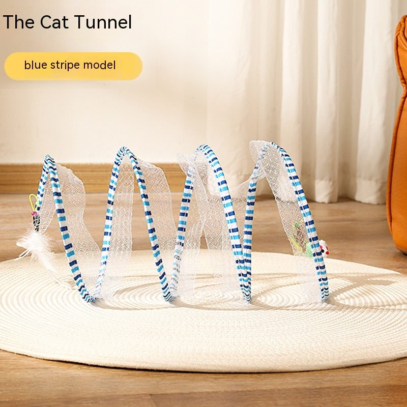 Side view of folded cat tunnel toy showing curved tunnel layout