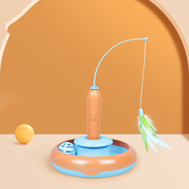 Rotating cat toy with feather teaser