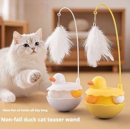 Duck shape cat toy with detachable stick on white background