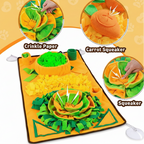 Pet toy with crinkle paper, carrot squeaker, and squeaker features on a yellow background