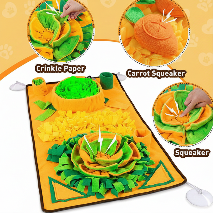 Pet toy with crinkle paper, carrot squeaker, and squeaker features on a yellow background