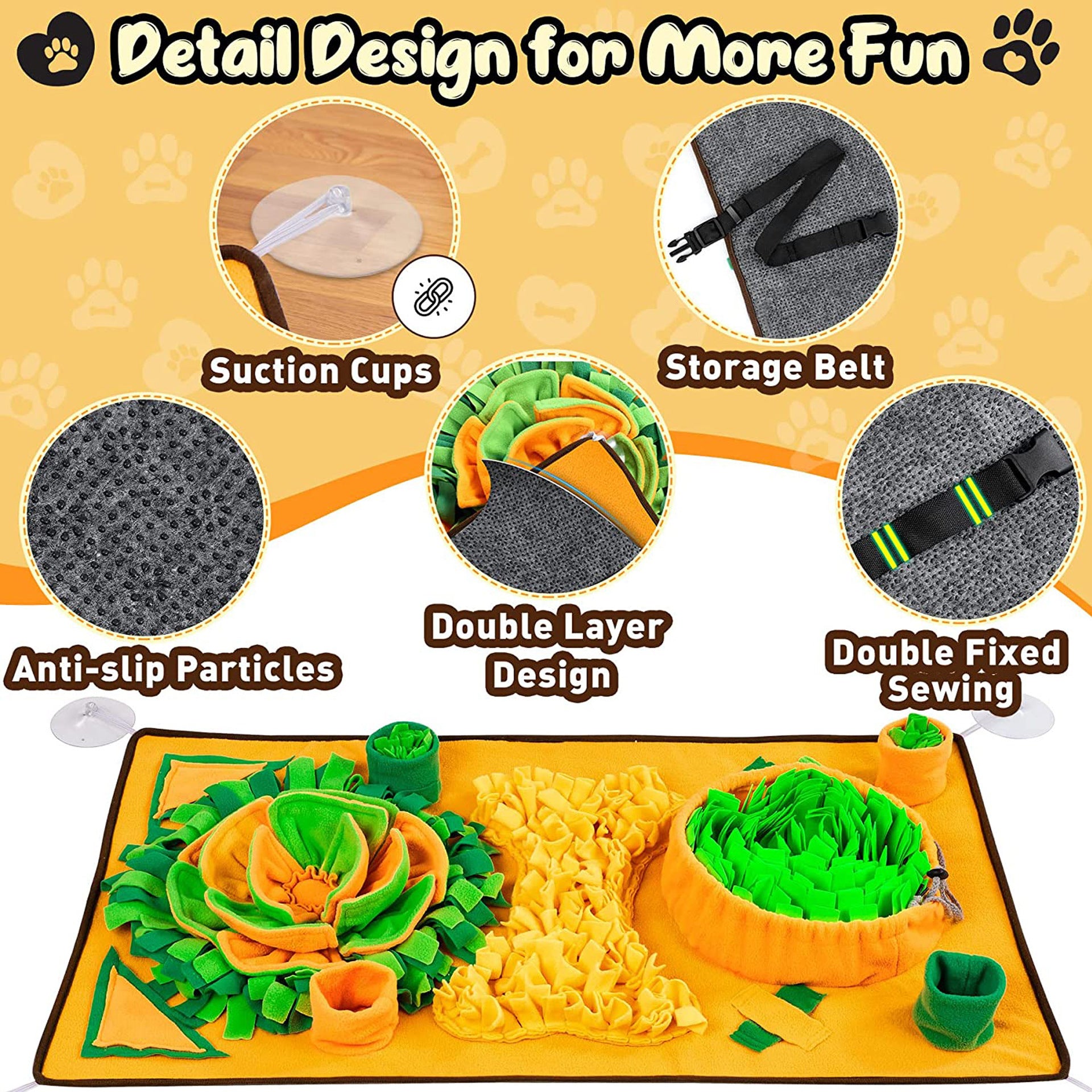 Product features with text and images of a puzzle mat, suction cups, storage belt, anti-slip particles, double layer design, and double fixed sewing.