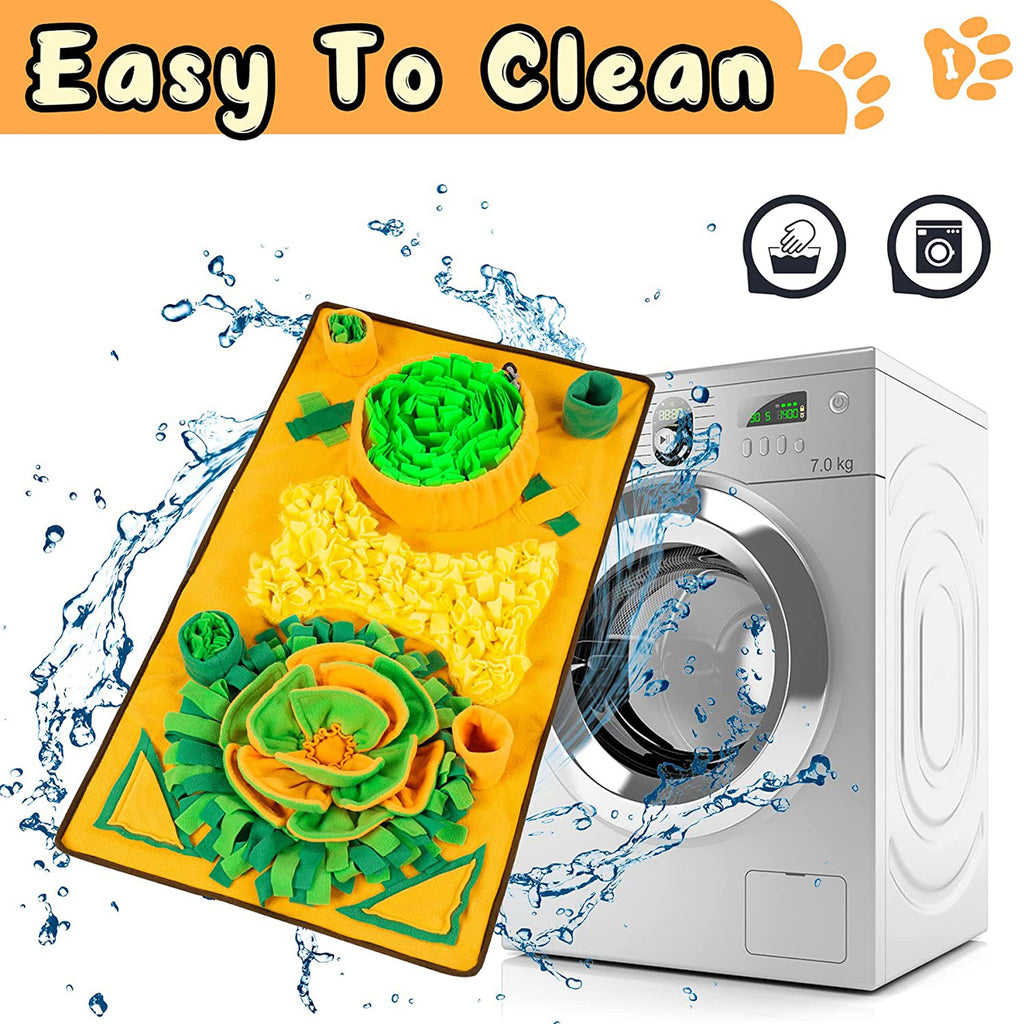 Cleaning product with green and yellow design next to a washing machine, labeled 'Easy To Clean'.
