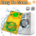 Cleaning product with green and yellow design next to a washing machine, labeled 'Easy To Clean'.