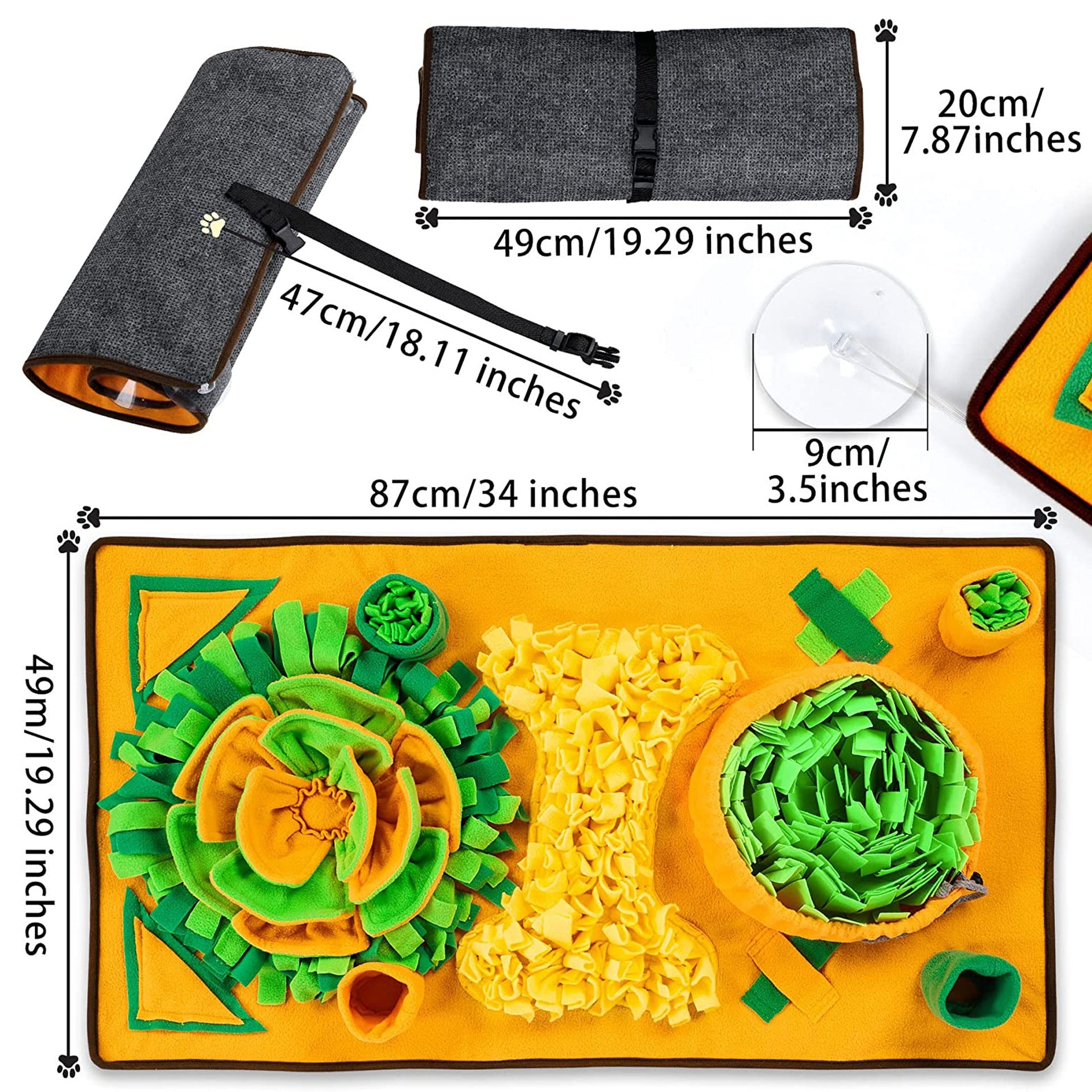 Measurement chart of a pet mat with green floral designs on a yellow background, rolled up mat, and packaging.